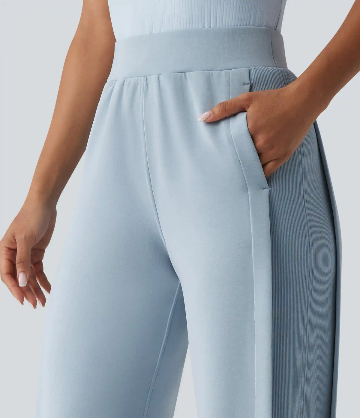 SpacerTek™ High Waisted Inner Drawstring Contrast Ribbed Split Casual Wide Leg Pants with Pockets