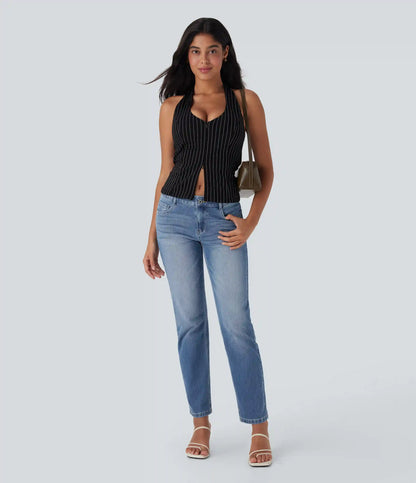 Halara Flex™ Low Rise Zipper Pockets Straight Leg Washed Casual Jeans