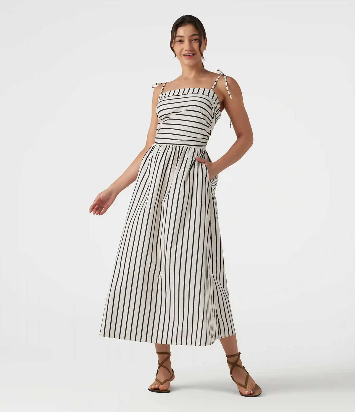Lace Up Stripe Midi Slip Dress with Pockets