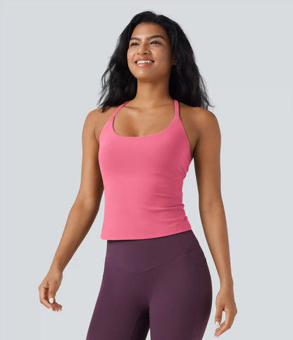 Scoop Neck Crisscross Back Crossover Hem Yoga Cami Top