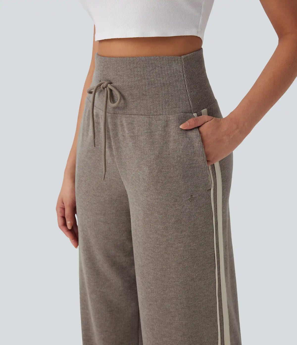 Ribbed High Waisted Tummy Control Drawstring Side Stripe Baggy Casual Pants with Pockets