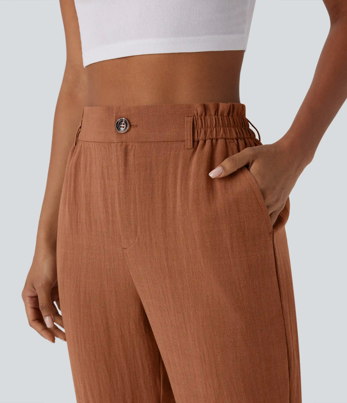 High Waisted Zipper Pocket Cropped Linen-Feel Pants