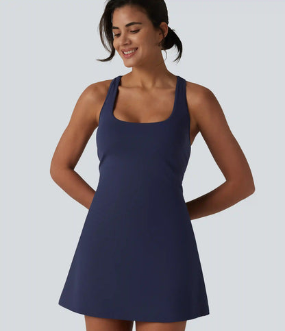 SoftlyZero™ Airy Crisscross Racerback Breathable Mesh 2-piece Built-in Bra InstantCool Dance Active Dress with Pockets