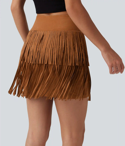 Crossover High Waisted 2-in-1 Fringe Hem Bodycon Mini Suede Party Skirt-Longer Length