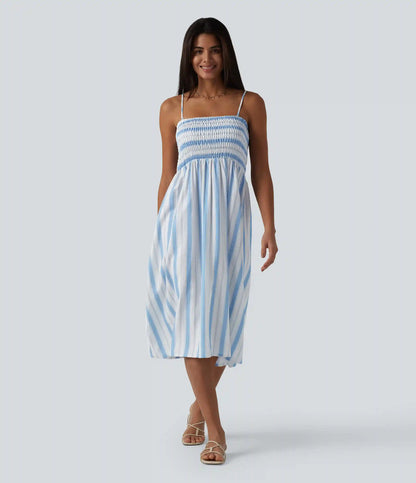Removable Straps Shirred Stripes Linen-Feel Resort Slip Dress