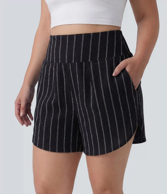 Plus Size High Waisted Curved Hem Stripe Casual Shorts with Pockets