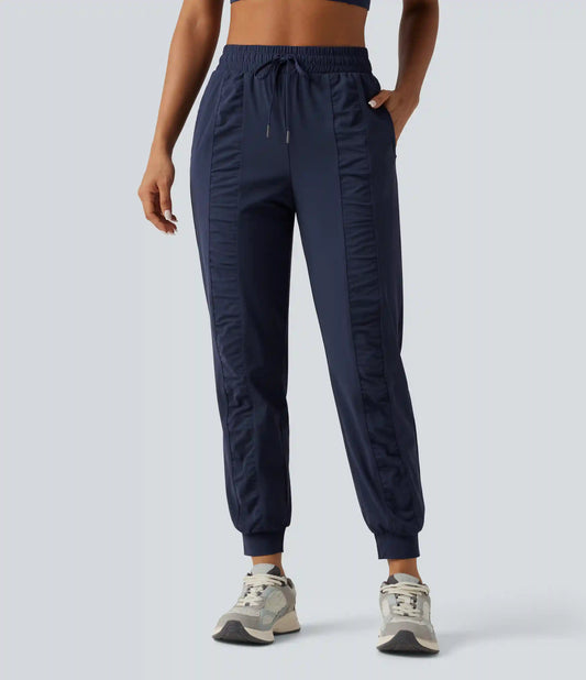 High Waisted Drawstring Ruched Tapered Quick Dry InstantCool Running Joggers with Pockets-UPF40+