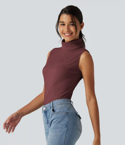 Ribbed Knit High Neck Casual Tank Top