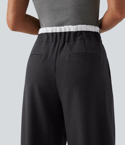 High Waisted Drawstring Wide Leg Work Pants with Pockets