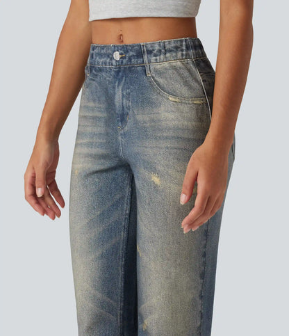 Mid Rise Denim Print Casual Flare Jeans with Pockets