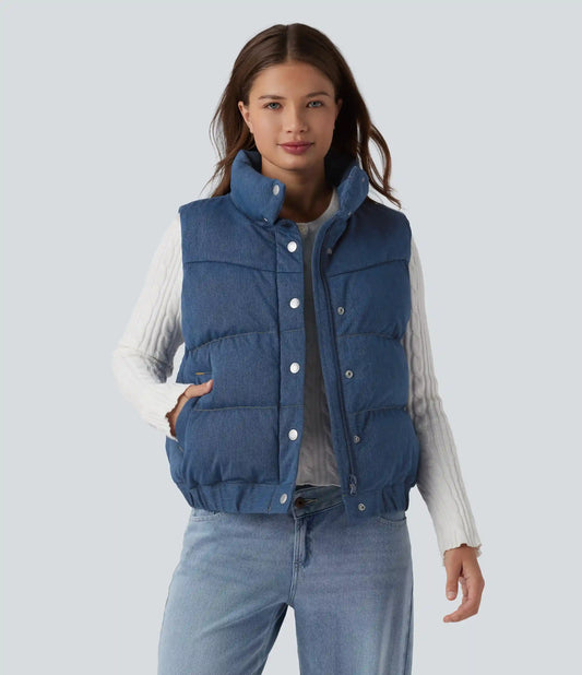 Halara Flex™ Denim Stand Collar Casual Puffer Vest with Pockets