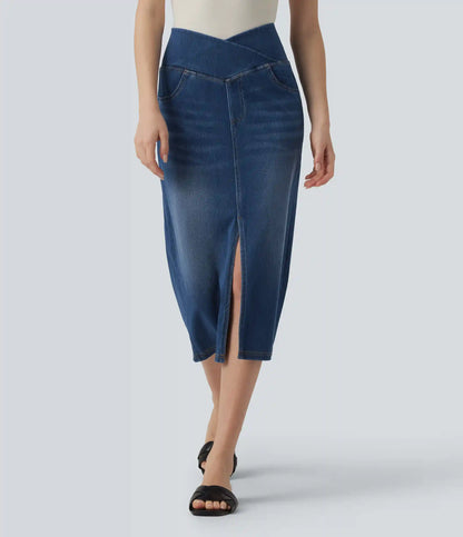 Halara Flex™ Asymmetric High Waisted Tummy Control Split Denim Casual Straight Skirt with Pockets
