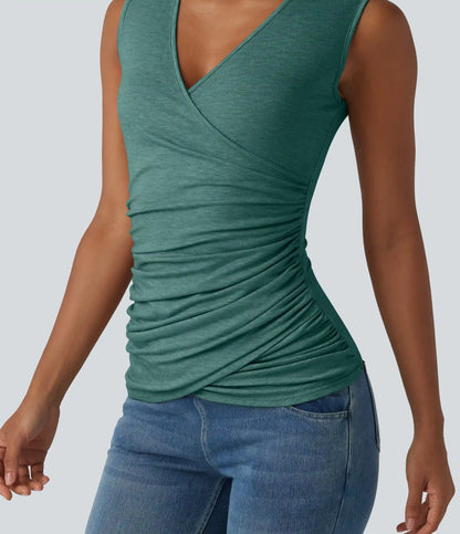 V Neck Crossvoer Ruched Casual Tank Top