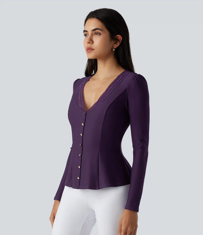 V Neck Contrast Lace Long Sleeve Ruffle Hem Work Blouse