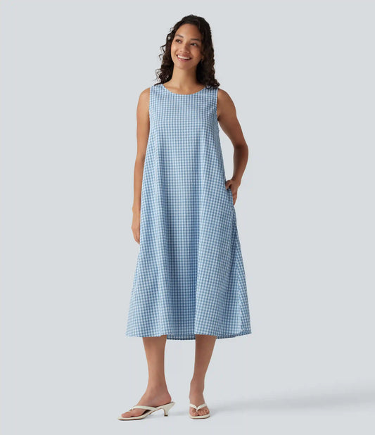 Round Neck Sleeveless Midi Crinkle Gingham Casual Tank Dress with Pockets